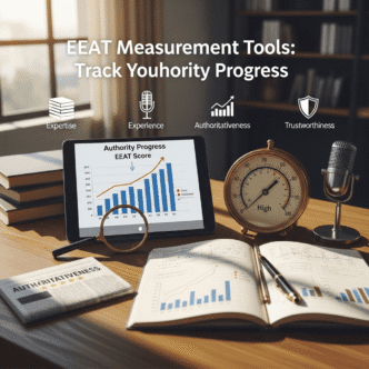 EEAT measurement dashboard displaying authority metrics, trust scores, and expertise indicators