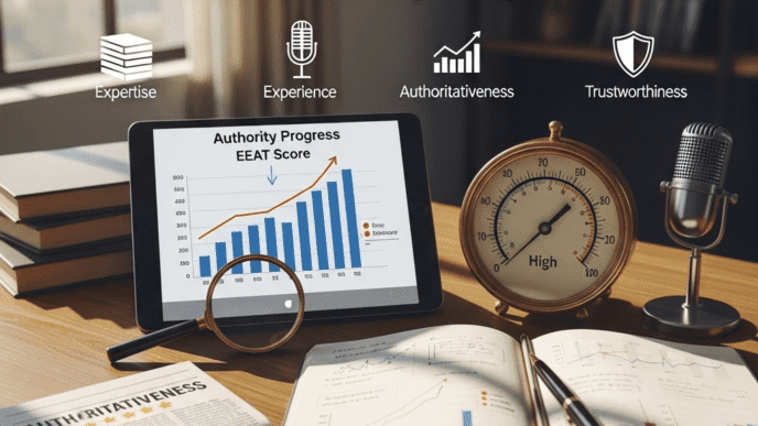 EEAT measurement dashboard displaying authority metrics, trust scores, and expertise indicators