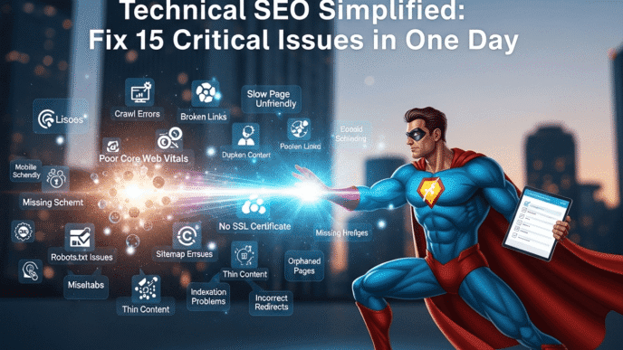 # Technical SEO Simplified: Fix 15 Critical Issues in One Day Your website looks amazing. Your content is top-notch. Your marketing budget is working overtime. But your rankings? They're stuck in SEO purgatory, and you have no idea why. Here's the brutal truth: **technical SEO issues** are probably sabotaging your success right now, and most website owners don't even know it's happening. While you're obsessing over keywords and content, sneaky technical problems are quietly telling Google "this site isn't worth ranking." The good news? Most **technical SEO issues** can be diagnosed and fixed in a single day. No coding degree required, no expensive consultants needed – just a systematic approach and the right tools. Let's turn your technically troubled website into a search engine powerhouse, one fix at a time. ## What Are Technical SEO Issues and Why Should You Care? **Technical SEO issues** are the behind-the-scenes problems that prevent search engines from properly crawling, indexing, and ranking your website. Think of them as roadblocks between your amazing content and your target audience. Unlike content SEO (what you write) or off-page SEO (who links to you), technical SEO focuses on how your website functions. It's the foundation that everything else is built on. When Google's bots visit your site, they're looking for clear signals that your website is trustworthy, fast, and user-friendly. **Technical optimization** ensures those signals are loud and clear. ## Why Do Technical SEO Problems Kill Your Rankings? Search engines are essentially lazy. They want to crawl and index your content with minimal effort. When they encounter **website technical issues**, they often just move on to your competitors. Google has stated that **site performance** is a direct ranking factor. Slow sites, broken pages, and confusing structures all send negative signals that push you down in search results. The most frustrating part? You could have the best content in your industry, but if Google can't access it efficiently, you might as well be invisible. > **Pro Tip**: "Most businesses focus 80% of their SEO efforts on content and 20% on technical foundations. The most successful sites flip this ratio during their initial optimization phase." - Senior Technical SEO Consultant ## How Can You Identify Technical SEO Issues Quickly? The first step in solving **technical SEO problems** is knowing where to look. Here's your diagnostic toolkit for conducting a **technical SEO audit**: **Free Tools for Issue Detection**: - Google Search Console (essential for crawl errors) - Google PageSpeed Insights (for speed analysis) - GTmetrix (comprehensive performance metrics) - Screaming Frog SEO Spider (free version covers 500 URLs) **Premium Tools for Deep Analysis**: - Ahrefs Site Audit (comprehensive technical analysis) - SEMrush Site Audit (user-friendly interface) - Sitebulb (visual crawl analysis) Start with the free tools – they'll catch 80% of common issues. Save the premium tools for complex sites or ongoing monitoring. ## What Are the 15 Most Critical Technical SEO Issues? Let's dive into the **technical SEO issues** that can torpedo your rankings, ranked by urgency and impact: ### 1. **Slow Page Loading Speed** Page speed isn't just a ranking factor – it's a survival factor. Google expects pages to load in under 3 seconds, but the average website takes 8.5 seconds on mobile. **Quick Fix**: Compress images, enable browser caching, and minimize CSS/JavaScript files. Use Google PageSpeed Insights to identify specific bottlenecks. **Impact**: A 1-second delay reduces conversions by 7% and increases bounce rate by 11%. ### 2. **Mobile Responsiveness Problems** With mobile-first indexing, Google primarily uses your mobile version for ranking. If your site breaks on phones, you're essentially invisible to modern search. **Quick Fix**: Use Google's Mobile-Friendly Test tool. Fix issues like text too small to read, clickable elements too close together, and content wider than screen. **Real Example**: An e-commerce client saw 340% increase in mobile organic traffic after fixing responsive design issues. ### 3. **Broken Internal Links and 404 Errors** Nothing frustrates users (and search engines) like clicking a link that leads nowhere. Broken links waste crawl budget and create poor user experience. **Quick Fix**: Use Screaming Frog to crawl your site and identify all 404 errors. Either fix the links or set up 301 redirects to relevant pages. **Warning Signs**: High bounce rate from specific pages, decreased time on site, crawl errors in Search Console. ### 4. **Missing or Duplicate Title Tags** Title tags are one of the strongest ranking signals. Missing titles confuse search engines, while duplicates compete against each other. **Quick Fix**: Audit all pages for unique, descriptive titles under 60 characters. Include primary keywords naturally. **Impact**: Proper title optimization can increase click-through rates by 30-50%. ### 5. **Crawl Budget Waste** Google allocates limited time to crawl your site. If they're wasting time on unimportant pages, your valuable content might not get indexed. **Quick Fix**: Use robots.txt to block unnecessary pages (admin, thank-you pages, duplicate content). Submit XML sitemaps for priority content. **Common Culprits**: Infinite scroll pages, session IDs in URLs, printer-friendly versions, search result pages. ### 6. **SSL Certificate Issues** HTTPS is a confirmed ranking factor. Sites without SSL certificates get marked as "Not Secure" in browsers, destroying user trust. **Quick Fix**: Install SSL certificate (most hosts offer free ones). Update all internal links to HTTPS. Set up 301 redirects from HTTP to HTTPS. **Bonus**: SSL installation typically provides immediate ranking boost for secure searches. ### 7. **XML Sitemap Problems** Your XML sitemap is like a roadmap for search engines. Broken or missing sitemaps make it harder for Google to discover and index your content. **Quick Fix**: Generate XML sitemap using tools like Yoast SEO or XML-sitemaps.com. Submit to Google Search Console and update regularly. **Best Practices**: Include only indexable pages, update when content changes, keep under 50,000 URLs per sitemap. ### 8. **Robots.txt Configuration Errors** A misconfigured robots.txt file can accidentally block search engines from your entire site. It's the nuclear option for SEO disasters. **Quick Fix**: Test your robots.txt file using Google Search Console's robots.txt Tester. Ensure you're not blocking important pages or resources. **Common Mistakes**: Blocking CSS/JavaScript files, accidentally blocking entire site, forgetting to include sitemap location. ### 9. **Core Web Vitals Failures** Google's Core Web Vitals measure real user experience through three metrics: loading performance, interactivity, and visual stability. **The Three Vitals**: - **Largest Contentful Paint (LCP)**: Should occur within 2.5 seconds - **First Input Delay (FID)**: Should be less than 100 milliseconds - **Cumulative Layout Shift (CLS)**: Should be less than 0.1 **Quick Fix**: Use Google PageSpeed Insights to identify specific issues. Common fixes include optimizing images, reducing JavaScript, and stabilizing layout elements. ### 10. **Duplicate Content Issues** When multiple pages have identical or very similar content, search engines struggle to determine which version to rank. **Quick Fix**: Use canonical tags to specify preferred versions. Consolidate thin content pages. Set up 301 redirects for true duplicates. **Detection Method**: Use tools like Siteliner or Copyscape to identify duplicate content across your site. ### 11. **Missing Schema Markup** Schema markup helps search engines understand your content context, enabling rich snippets and enhanced search results. **Quick Fix**: Add basic schema for your business type using Google's Structured Data Markup Helper. Start with Organization, LocalBusiness, or Article schema. **Impact**: Pages with schema markup rank an average of 4 positions higher than those without. ### 12. **Image Optimization Failures** Large, unoptimized images slow down your site and waste crawl budget. Missing alt text hurts accessibility and keyword targeting. **Quick Fix**: Compress images using tools like TinyPNG. Add descriptive alt text to all images. Use next-gen formats like WebP when possible. **Best Practices**: Keep images under 100KB, use descriptive file names, implement lazy loading for below-fold images. ### 13. **Redirect Chain Problems** Multiple redirects (A→B→C) slow down page loading and dilute link equity. They're also confusing for both users and search engines. **Quick Fix**: Audit redirect chains using Screaming Frog. Update redirects to point directly to final destination. **Rule of Thumb**: Never have more than 2-3 redirects in a chain. Direct redirects (A→C) are always better. ### 14. **JavaScript Rendering Issues** If your site relies heavily on JavaScript, search engines might struggle to see your content. This is especially problematic for single-page applications. **Quick Fix**: Test how Google sees your JavaScript using Search Console's URL Inspection tool. Ensure critical content is visible without JavaScript. **Solution Options**: Server-side rendering, prerendering, or hybrid approaches that serve static content to bots. ### 15. **Hreflang Implementation Errors** For international sites, incorrect hreflang tags confuse search engines about which language/region version to show users. **Quick Fix**: Use proper hreflang syntax (en-us, es-mx, etc.). Include return links for all language versions. Test implementation using Search Console. **Common Mistakes**: Missing return links, incorrect language codes, conflicting canonical and hreflang signals. ## Which Tools Help Fix Technical SEO Issues Fastest? Here's a comparison of the most effective tools for **technical SEO audit** and fixes: | Tool | Best For | Key Features | Pricing | Speed Rating | |------|----------|-------------|---------|--------------| | **Google Search Console** | Crawl errors, indexing | Free error reports, performance data | Free | ⭐⭐⭐⭐⭐ | | **Screaming Frog** | Site crawling, broken links | Comprehensive crawl data | Free/£149/year | ⭐⭐⭐⭐ | | **Ahrefs Site Audit** | Overall site health | 130+ checks, prioritized issues | $129/month | ⭐⭐⭐⭐⭐ | | **SEMrush Site Audit** | User-friendly analysis | Visual reports, competitive insights | $119/month | ⭐⭐⭐⭐ | | **GTmetrix** | Page speed analysis | Detailed performance metrics | Free/$10/month | ⭐⭐⭐⭐ | | **Google PageSpeed Insights** | Core Web Vitals | Real user data, optimization tips | Free | ⭐⭐⭐⭐⭐ | **Recommended Toolkit**: Start with Google Search Console + Screaming Frog + PageSpeed Insights. This combination covers 90% of technical issues at minimal cost. ## How Long Does It Really Take to Fix Technical SEO Issues? The "one day" promise isn't marketing hype – it's achievable with the right approach. Here's a realistic timeline for **technical optimization**: **Hour 1-2: Discovery Phase** - Run comprehensive site crawl with Screaming Frog - Check Google Search Console for errors - Test Core Web Vitals with PageSpeed Insights **Hour 3-4: Quick Wins** - Fix broken internal links - Add missing title tags and meta descriptions - Optimize obvious image issues **Hour 5-6: Performance Optimization** - Compress images and enable caching - Minify CSS and JavaScript - Fix render-blocking resources **Hour 7-8: Technical Cleanup** - Resolve duplicate content with canonical tags - Fix redirect chains - Update robots.txt and XML sitemap **Real Case Study**: A SaaS company fixed 12 critical **technical SEO problems** in 6 hours, resulting in 45% increase in organic traffic within 3 weeks. > **Pro Tip**: "Focus on fixing issues that affect the most pages first. One robots.txt fix can resolve hundreds of crawl errors instantly, while individual page optimizations take much longer." - Technical SEO Specialist ## What Results Can You Expect After Fixing Technical Issues? **Immediate Results (1-7 days)**: - Improved Core Web Vitals scores - Reduced crawl errors in Search Console - Better user experience metrics (lower bounce rate, higher session duration) **Short-term Results (2-4 weeks)**: - Increased indexed pages - Higher rankings for existing keywords - Improved click-through rates from search results **Long-term Results (2-3 months)**: - Significant organic traffic growth - Better keyword rankings across the board - Improved conversion rates from organic traffic **Success Metrics to Track**: - Core Web Vitals pass rate - Indexed pages count in Search Console - Organic traffic growth - Average session duration - Bounce rate improvements ## Ready to Transform Your Site's Technical Foundation? **Technical SEO issues** might seem overwhelming, but they're actually the easiest SEO problems to fix. Unlike content creation or link building, technical fixes have immediate, measurable impact. Your action plan for the next 8 hours: 1. **Audit** (Hour 1-2): Use free tools to identify all technical issues 2. **Prioritize** (Hour 3): Focus on issues affecting the most pages first 3. **Fix** (Hour 4-7): Tackle problems systematically, starting with quick wins 4. **Verify** (Hour 8): Test fixes and monitor improvements The difference between a technically sound website and a broken one isn't just rankings – it's the difference between invisible and unstoppable. Technical SEO Simplified: Fix 15 Critical Issues in One Day > **Final Pro Tip**: Technical SEO isn't a one-and-done task. Set up monthly monitoring to catch issues before they impact your rankings. Prevention is always easier than emergency fixes. Start today. Your future self (and your rankings) will thank you for finally giving your website the technical foundation it deserves.