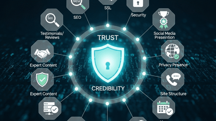 Website trust signals checklist including SSL, contact info, privacy policy, and testimonials