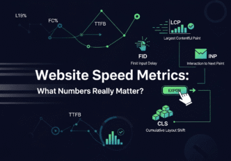 Dashboard screenshot displaying various website speed metrics with explanatory labels and benchmarks