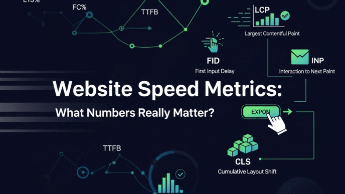 Dashboard screenshot displaying various website speed metrics with explanatory labels and benchmarks