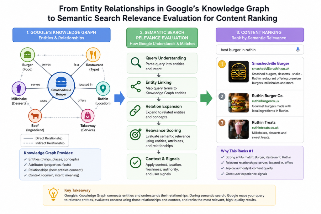 Diagram showing how entity relationships in Google's Knowledge Graph connect to semantic search relevance evaluation for content ranking