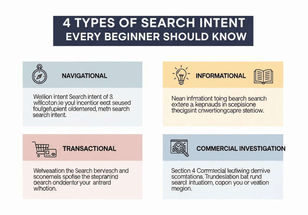 Infographic showing the 4 types of search intent with examples and characteristics for each category