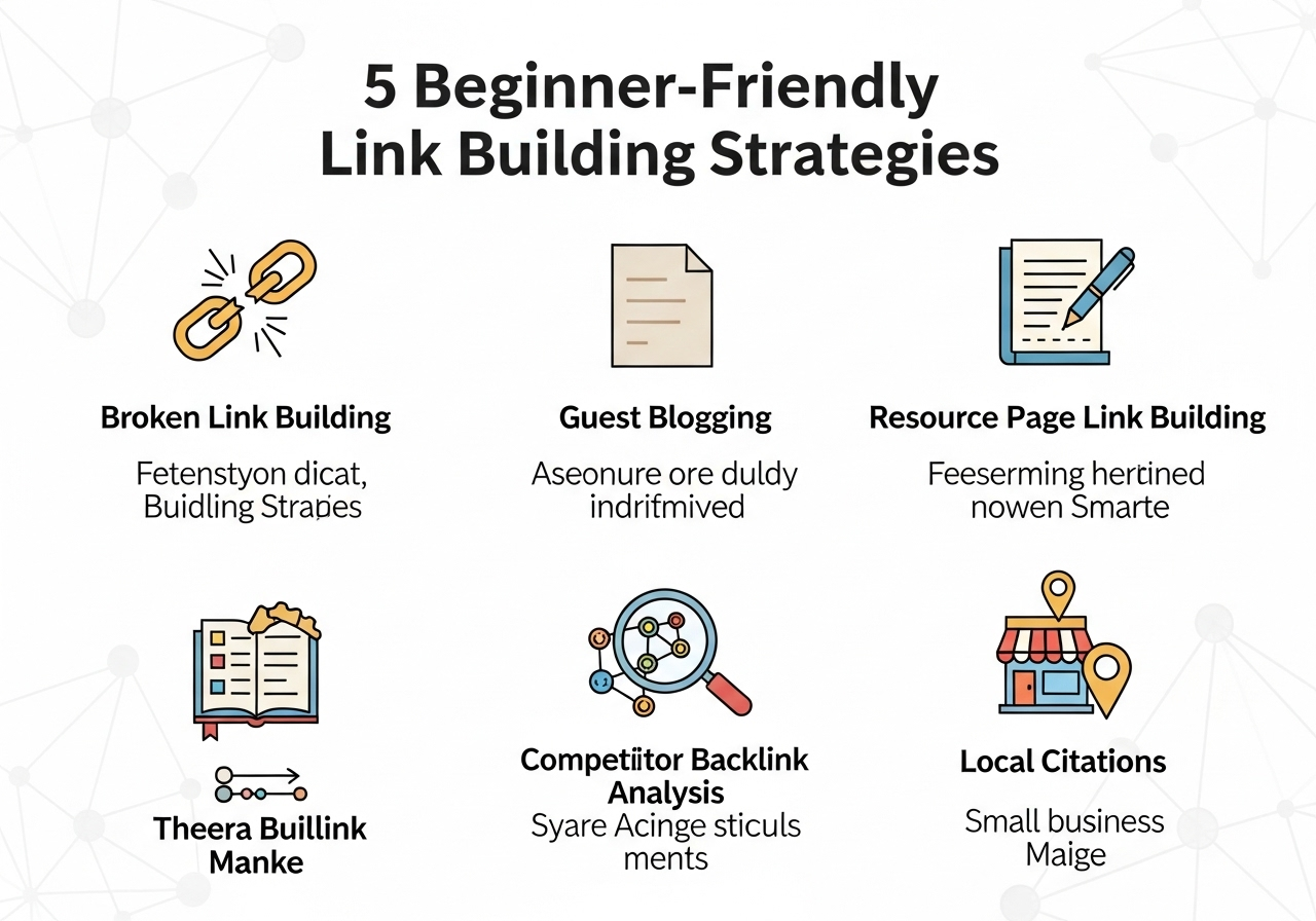 Infographic showing 5 beginner link building strategies with examples