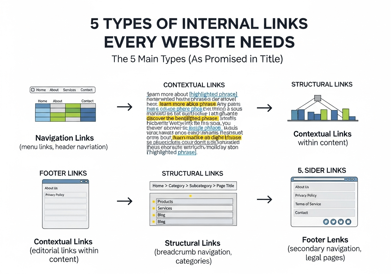 types of internal links in SEO, different kinds of internal links, internal link categories explained, navigation vs contextual internal links, essential internal link types