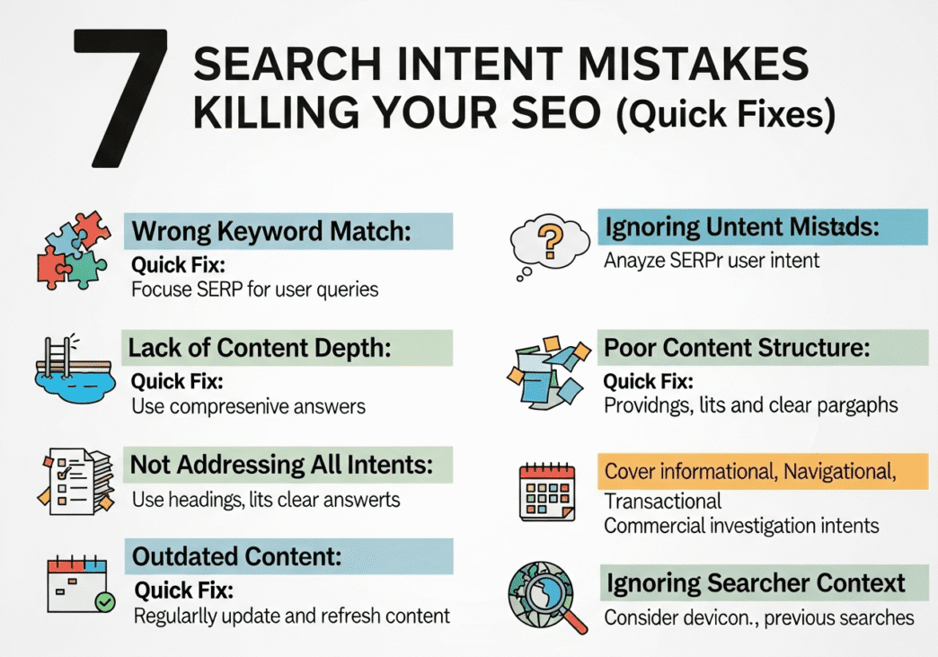 Problem-solution matrix displaying search intent errors alongside their corresponding fixes and implementation tips