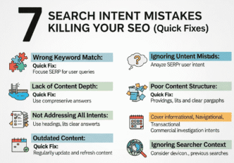 Problem-solution matrix displaying search intent errors alongside their corresponding fixes and implementation tips