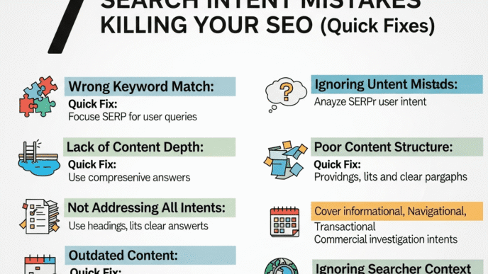 Problem-solution matrix displaying search intent errors alongside their corresponding fixes and implementation tips