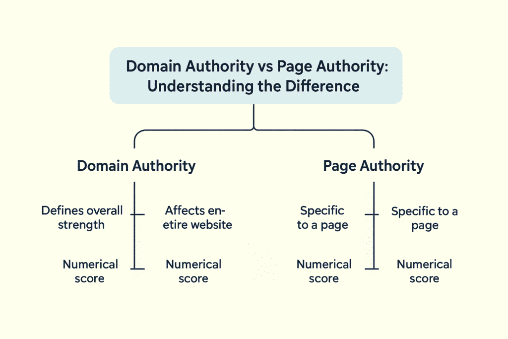 Authority measurement tools showing DA and PA scores for websites