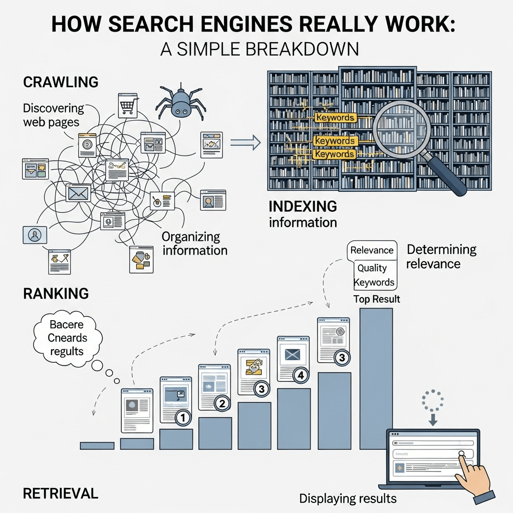 Visual diagram showing search engine crawling process with web spider indexing website