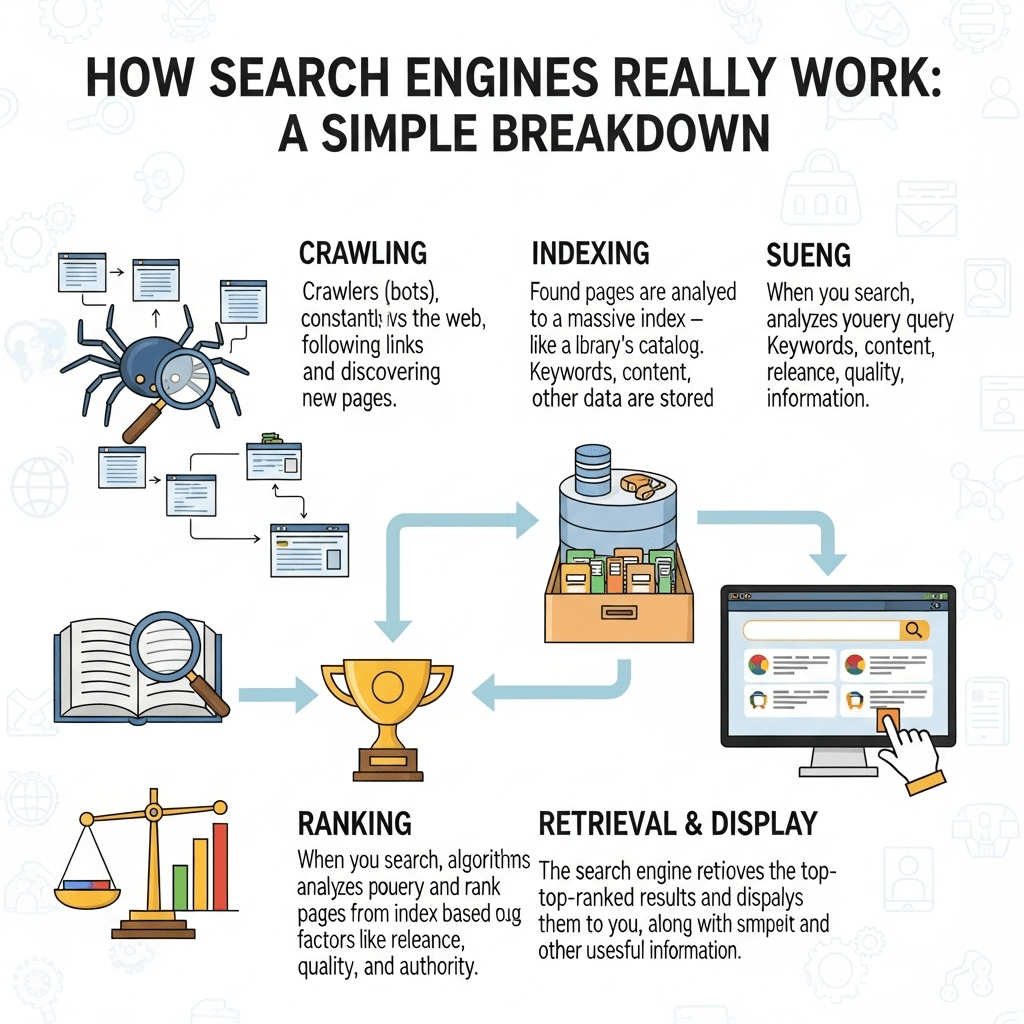 simplified flowchart of crawling, indexing and ranking of Google search engine