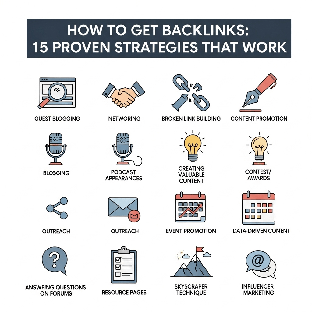 Infographic showing 15 proven backlink building strategies with icons and success metrics