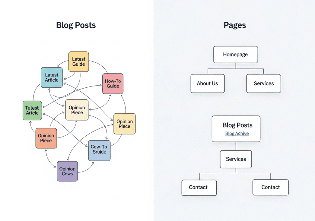 Side-by-side comparison showing internal linking patterns for blog posts versus static pages