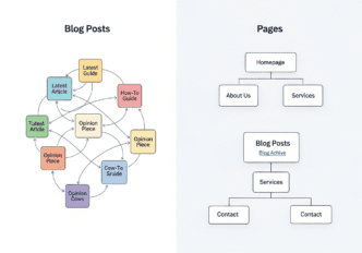 Side-by-side comparison showing internal linking patterns for blog posts versus static pages