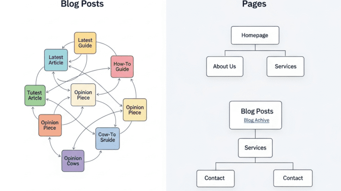 Side-by-side comparison showing internal linking patterns for blog posts versus static pages