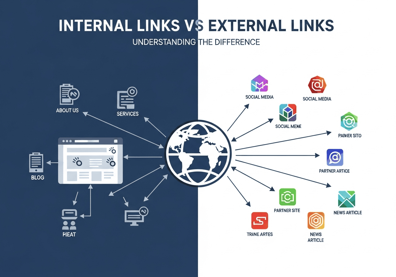 Comparison chart showing internal links pointing within site vs external links pointing to other domains