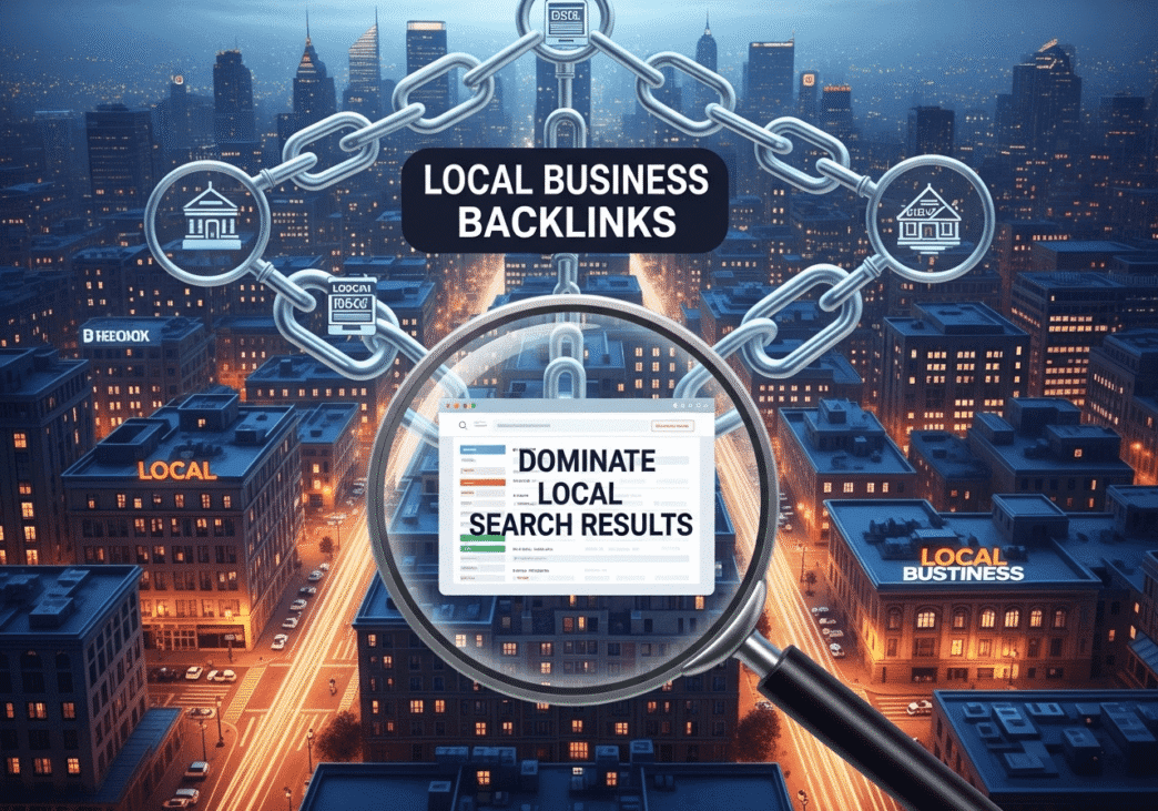 Map visualization showing local backlink sources around a business location with connection lines