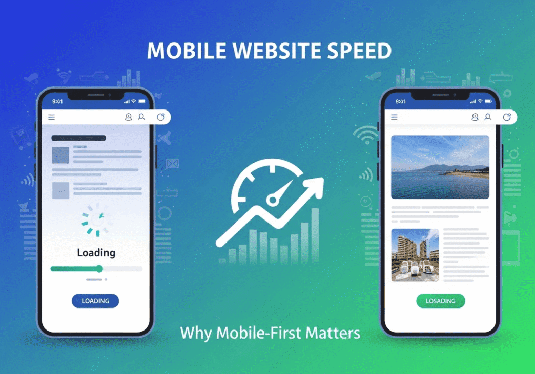 Mobile phone displaying website speed test results with mobile-specific performance metrics
