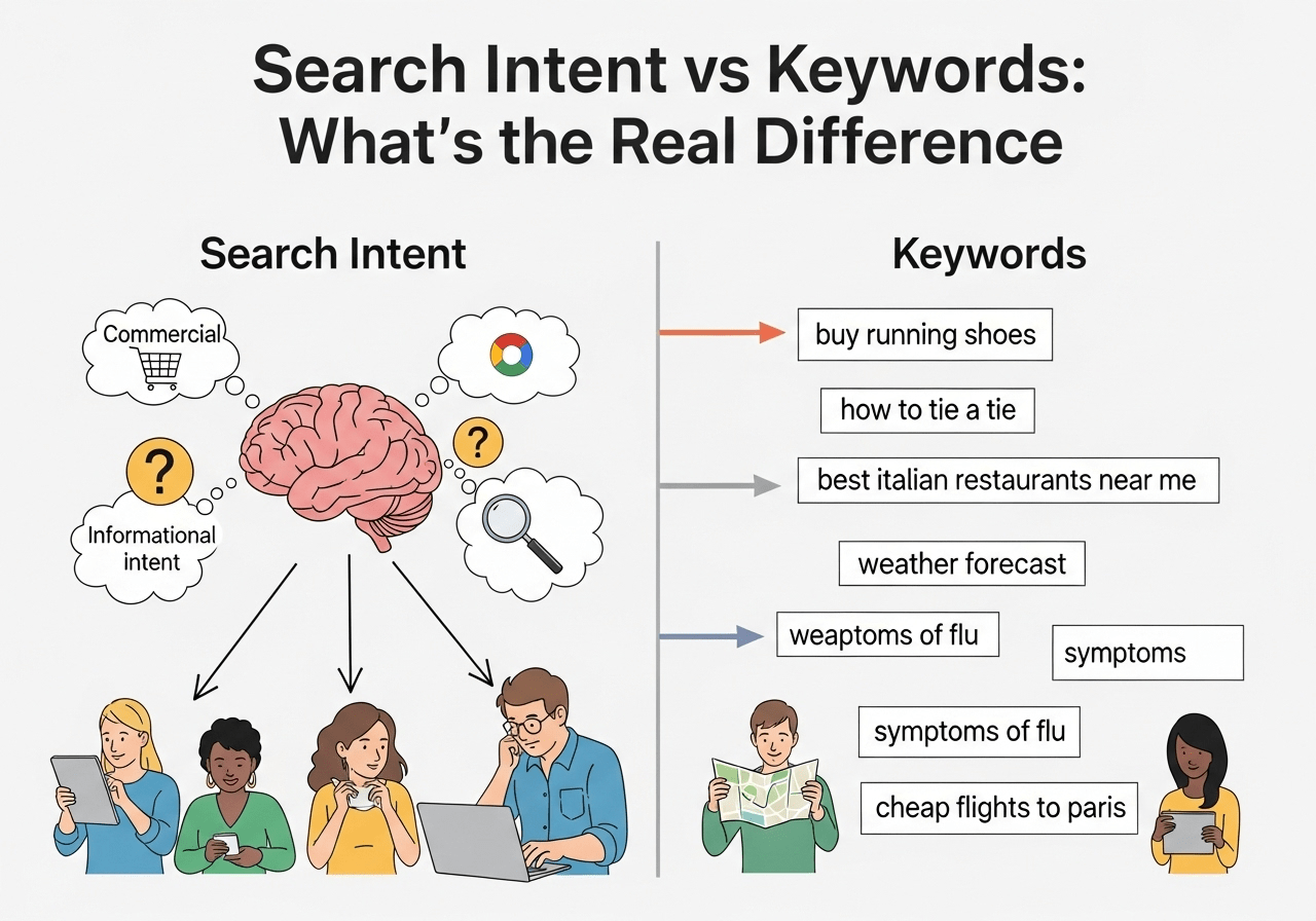 Comparison chart showing traditional keyword research vs search intent-based approach with benefits