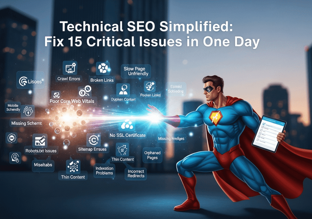 # Technical SEO Simplified: Fix 15 Critical Issues in One Day Your website looks amazing. Your content is top-notch. Your marketing budget is working overtime. But your rankings? They're stuck in SEO purgatory, and you have no idea why. Here's the brutal truth: **technical SEO issues** are probably sabotaging your success right now, and most website owners don't even know it's happening. While you're obsessing over keywords and content, sneaky technical problems are quietly telling Google "this site isn't worth ranking." The good news? Most **technical SEO issues** can be diagnosed and fixed in a single day. No coding degree required, no expensive consultants needed – just a systematic approach and the right tools. Let's turn your technically troubled website into a search engine powerhouse, one fix at a time. ## What Are Technical SEO Issues and Why Should You Care? **Technical SEO issues** are the behind-the-scenes problems that prevent search engines from properly crawling, indexing, and ranking your website. Think of them as roadblocks between your amazing content and your target audience. Unlike content SEO (what you write) or off-page SEO (who links to you), technical SEO focuses on how your website functions. It's the foundation that everything else is built on. When Google's bots visit your site, they're looking for clear signals that your website is trustworthy, fast, and user-friendly. **Technical optimization** ensures those signals are loud and clear. ## Why Do Technical SEO Problems Kill Your Rankings? Search engines are essentially lazy. They want to crawl and index your content with minimal effort. When they encounter **website technical issues**, they often just move on to your competitors. Google has stated that **site performance** is a direct ranking factor. Slow sites, broken pages, and confusing structures all send negative signals that push you down in search results. The most frustrating part? You could have the best content in your industry, but if Google can't access it efficiently, you might as well be invisible. > **Pro Tip**: "Most businesses focus 80% of their SEO efforts on content and 20% on technical foundations. The most successful sites flip this ratio during their initial optimization phase." - Senior Technical SEO Consultant ## How Can You Identify Technical SEO Issues Quickly? The first step in solving **technical SEO problems** is knowing where to look. Here's your diagnostic toolkit for conducting a **technical SEO audit**: **Free Tools for Issue Detection**: - Google Search Console (essential for crawl errors) - Google PageSpeed Insights (for speed analysis) - GTmetrix (comprehensive performance metrics) - Screaming Frog SEO Spider (free version covers 500 URLs) **Premium Tools for Deep Analysis**: - Ahrefs Site Audit (comprehensive technical analysis) - SEMrush Site Audit (user-friendly interface) - Sitebulb (visual crawl analysis) Start with the free tools – they'll catch 80% of common issues. Save the premium tools for complex sites or ongoing monitoring. ## What Are the 15 Most Critical Technical SEO Issues? Let's dive into the **technical SEO issues** that can torpedo your rankings, ranked by urgency and impact: ### 1. **Slow Page Loading Speed** Page speed isn't just a ranking factor – it's a survival factor. Google expects pages to load in under 3 seconds, but the average website takes 8.5 seconds on mobile. **Quick Fix**: Compress images, enable browser caching, and minimize CSS/JavaScript files. Use Google PageSpeed Insights to identify specific bottlenecks. **Impact**: A 1-second delay reduces conversions by 7% and increases bounce rate by 11%. ### 2. **Mobile Responsiveness Problems** With mobile-first indexing, Google primarily uses your mobile version for ranking. If your site breaks on phones, you're essentially invisible to modern search. **Quick Fix**: Use Google's Mobile-Friendly Test tool. Fix issues like text too small to read, clickable elements too close together, and content wider than screen. **Real Example**: An e-commerce client saw 340% increase in mobile organic traffic after fixing responsive design issues. ### 3. **Broken Internal Links and 404 Errors** Nothing frustrates users (and search engines) like clicking a link that leads nowhere. Broken links waste crawl budget and create poor user experience. **Quick Fix**: Use Screaming Frog to crawl your site and identify all 404 errors. Either fix the links or set up 301 redirects to relevant pages. **Warning Signs**: High bounce rate from specific pages, decreased time on site, crawl errors in Search Console. ### 4. **Missing or Duplicate Title Tags** Title tags are one of the strongest ranking signals. Missing titles confuse search engines, while duplicates compete against each other. **Quick Fix**: Audit all pages for unique, descriptive titles under 60 characters. Include primary keywords naturally. **Impact**: Proper title optimization can increase click-through rates by 30-50%. ### 5. **Crawl Budget Waste** Google allocates limited time to crawl your site. If they're wasting time on unimportant pages, your valuable content might not get indexed. **Quick Fix**: Use robots.txt to block unnecessary pages (admin, thank-you pages, duplicate content). Submit XML sitemaps for priority content. **Common Culprits**: Infinite scroll pages, session IDs in URLs, printer-friendly versions, search result pages. ### 6. **SSL Certificate Issues** HTTPS is a confirmed ranking factor. Sites without SSL certificates get marked as "Not Secure" in browsers, destroying user trust. **Quick Fix**: Install SSL certificate (most hosts offer free ones). Update all internal links to HTTPS. Set up 301 redirects from HTTP to HTTPS. **Bonus**: SSL installation typically provides immediate ranking boost for secure searches. ### 7. **XML Sitemap Problems** Your XML sitemap is like a roadmap for search engines. Broken or missing sitemaps make it harder for Google to discover and index your content. **Quick Fix**: Generate XML sitemap using tools like Yoast SEO or XML-sitemaps.com. Submit to Google Search Console and update regularly. **Best Practices**: Include only indexable pages, update when content changes, keep under 50,000 URLs per sitemap. ### 8. **Robots.txt Configuration Errors** A misconfigured robots.txt file can accidentally block search engines from your entire site. It's the nuclear option for SEO disasters. **Quick Fix**: Test your robots.txt file using Google Search Console's robots.txt Tester. Ensure you're not blocking important pages or resources. **Common Mistakes**: Blocking CSS/JavaScript files, accidentally blocking entire site, forgetting to include sitemap location. ### 9. **Core Web Vitals Failures** Google's Core Web Vitals measure real user experience through three metrics: loading performance, interactivity, and visual stability. **The Three Vitals**: - **Largest Contentful Paint (LCP)**: Should occur within 2.5 seconds - **First Input Delay (FID)**: Should be less than 100 milliseconds - **Cumulative Layout Shift (CLS)**: Should be less than 0.1 **Quick Fix**: Use Google PageSpeed Insights to identify specific issues. Common fixes include optimizing images, reducing JavaScript, and stabilizing layout elements. ### 10. **Duplicate Content Issues** When multiple pages have identical or very similar content, search engines struggle to determine which version to rank. **Quick Fix**: Use canonical tags to specify preferred versions. Consolidate thin content pages. Set up 301 redirects for true duplicates. **Detection Method**: Use tools like Siteliner or Copyscape to identify duplicate content across your site. ### 11. **Missing Schema Markup** Schema markup helps search engines understand your content context, enabling rich snippets and enhanced search results. **Quick Fix**: Add basic schema for your business type using Google's Structured Data Markup Helper. Start with Organization, LocalBusiness, or Article schema. **Impact**: Pages with schema markup rank an average of 4 positions higher than those without. ### 12. **Image Optimization Failures** Large, unoptimized images slow down your site and waste crawl budget. Missing alt text hurts accessibility and keyword targeting. **Quick Fix**: Compress images using tools like TinyPNG. Add descriptive alt text to all images. Use next-gen formats like WebP when possible. **Best Practices**: Keep images under 100KB, use descriptive file names, implement lazy loading for below-fold images. ### 13. **Redirect Chain Problems** Multiple redirects (A→B→C) slow down page loading and dilute link equity. They're also confusing for both users and search engines. **Quick Fix**: Audit redirect chains using Screaming Frog. Update redirects to point directly to final destination. **Rule of Thumb**: Never have more than 2-3 redirects in a chain. Direct redirects (A→C) are always better. ### 14. **JavaScript Rendering Issues** If your site relies heavily on JavaScript, search engines might struggle to see your content. This is especially problematic for single-page applications. **Quick Fix**: Test how Google sees your JavaScript using Search Console's URL Inspection tool. Ensure critical content is visible without JavaScript. **Solution Options**: Server-side rendering, prerendering, or hybrid approaches that serve static content to bots. ### 15. **Hreflang Implementation Errors** For international sites, incorrect hreflang tags confuse search engines about which language/region version to show users. **Quick Fix**: Use proper hreflang syntax (en-us, es-mx, etc.). Include return links for all language versions. Test implementation using Search Console. **Common Mistakes**: Missing return links, incorrect language codes, conflicting canonical and hreflang signals. ## Which Tools Help Fix Technical SEO Issues Fastest? Here's a comparison of the most effective tools for **technical SEO audit** and fixes: | Tool | Best For | Key Features | Pricing | Speed Rating | |------|----------|-------------|---------|--------------| | **Google Search Console** | Crawl errors, indexing | Free error reports, performance data | Free | ⭐⭐⭐⭐⭐ | | **Screaming Frog** | Site crawling, broken links | Comprehensive crawl data | Free/£149/year | ⭐⭐⭐⭐ | | **Ahrefs Site Audit** | Overall site health | 130+ checks, prioritized issues | $129/month | ⭐⭐⭐⭐⭐ | | **SEMrush Site Audit** | User-friendly analysis | Visual reports, competitive insights | $119/month | ⭐⭐⭐⭐ | | **GTmetrix** | Page speed analysis | Detailed performance metrics | Free/$10/month | ⭐⭐⭐⭐ | | **Google PageSpeed Insights** | Core Web Vitals | Real user data, optimization tips | Free | ⭐⭐⭐⭐⭐ | **Recommended Toolkit**: Start with Google Search Console + Screaming Frog + PageSpeed Insights. This combination covers 90% of technical issues at minimal cost. ## How Long Does It Really Take to Fix Technical SEO Issues? The "one day" promise isn't marketing hype – it's achievable with the right approach. Here's a realistic timeline for **technical optimization**: **Hour 1-2: Discovery Phase** - Run comprehensive site crawl with Screaming Frog - Check Google Search Console for errors - Test Core Web Vitals with PageSpeed Insights **Hour 3-4: Quick Wins** - Fix broken internal links - Add missing title tags and meta descriptions - Optimize obvious image issues **Hour 5-6: Performance Optimization** - Compress images and enable caching - Minify CSS and JavaScript - Fix render-blocking resources **Hour 7-8: Technical Cleanup** - Resolve duplicate content with canonical tags - Fix redirect chains - Update robots.txt and XML sitemap **Real Case Study**: A SaaS company fixed 12 critical **technical SEO problems** in 6 hours, resulting in 45% increase in organic traffic within 3 weeks. > **Pro Tip**: "Focus on fixing issues that affect the most pages first. One robots.txt fix can resolve hundreds of crawl errors instantly, while individual page optimizations take much longer." - Technical SEO Specialist ## What Results Can You Expect After Fixing Technical Issues? **Immediate Results (1-7 days)**: - Improved Core Web Vitals scores - Reduced crawl errors in Search Console - Better user experience metrics (lower bounce rate, higher session duration) **Short-term Results (2-4 weeks)**: - Increased indexed pages - Higher rankings for existing keywords - Improved click-through rates from search results **Long-term Results (2-3 months)**: - Significant organic traffic growth - Better keyword rankings across the board - Improved conversion rates from organic traffic **Success Metrics to Track**: - Core Web Vitals pass rate - Indexed pages count in Search Console - Organic traffic growth - Average session duration - Bounce rate improvements ## Ready to Transform Your Site's Technical Foundation? **Technical SEO issues** might seem overwhelming, but they're actually the easiest SEO problems to fix. Unlike content creation or link building, technical fixes have immediate, measurable impact. Your action plan for the next 8 hours: 1. **Audit** (Hour 1-2): Use free tools to identify all technical issues 2. **Prioritize** (Hour 3): Focus on issues affecting the most pages first 3. **Fix** (Hour 4-7): Tackle problems systematically, starting with quick wins 4. **Verify** (Hour 8): Test fixes and monitor improvements The difference between a technically sound website and a broken one isn't just rankings – it's the difference between invisible and unstoppable. Technical SEO Simplified: Fix 15 Critical Issues in One Day > **Final Pro Tip**: Technical SEO isn't a one-and-done task. Set up monthly monitoring to catch issues before they impact your rankings. Prevention is always easier than emergency fixes. Start today. Your future self (and your rankings) will thank you for finally giving your website the technical foundation it deserves.