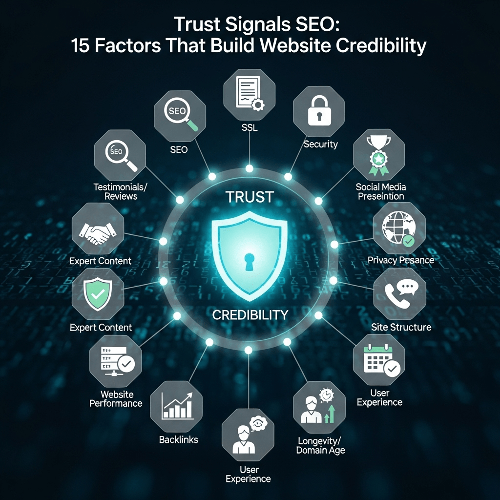Website trust signals checklist including SSL, contact info, privacy policy, and testimonials