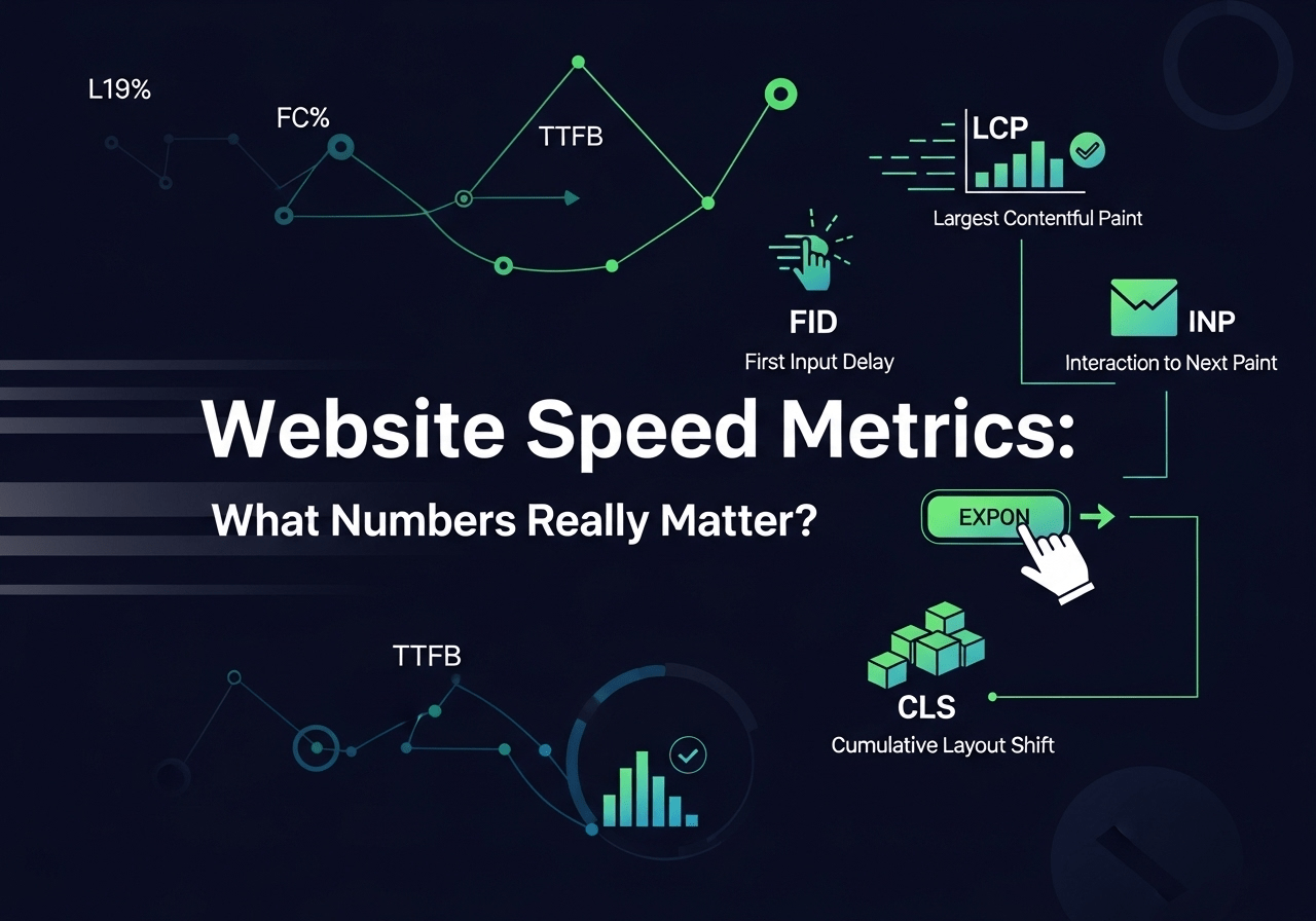 Dashboard screenshot displaying various website speed metrics with explanatory labels and benchmarks