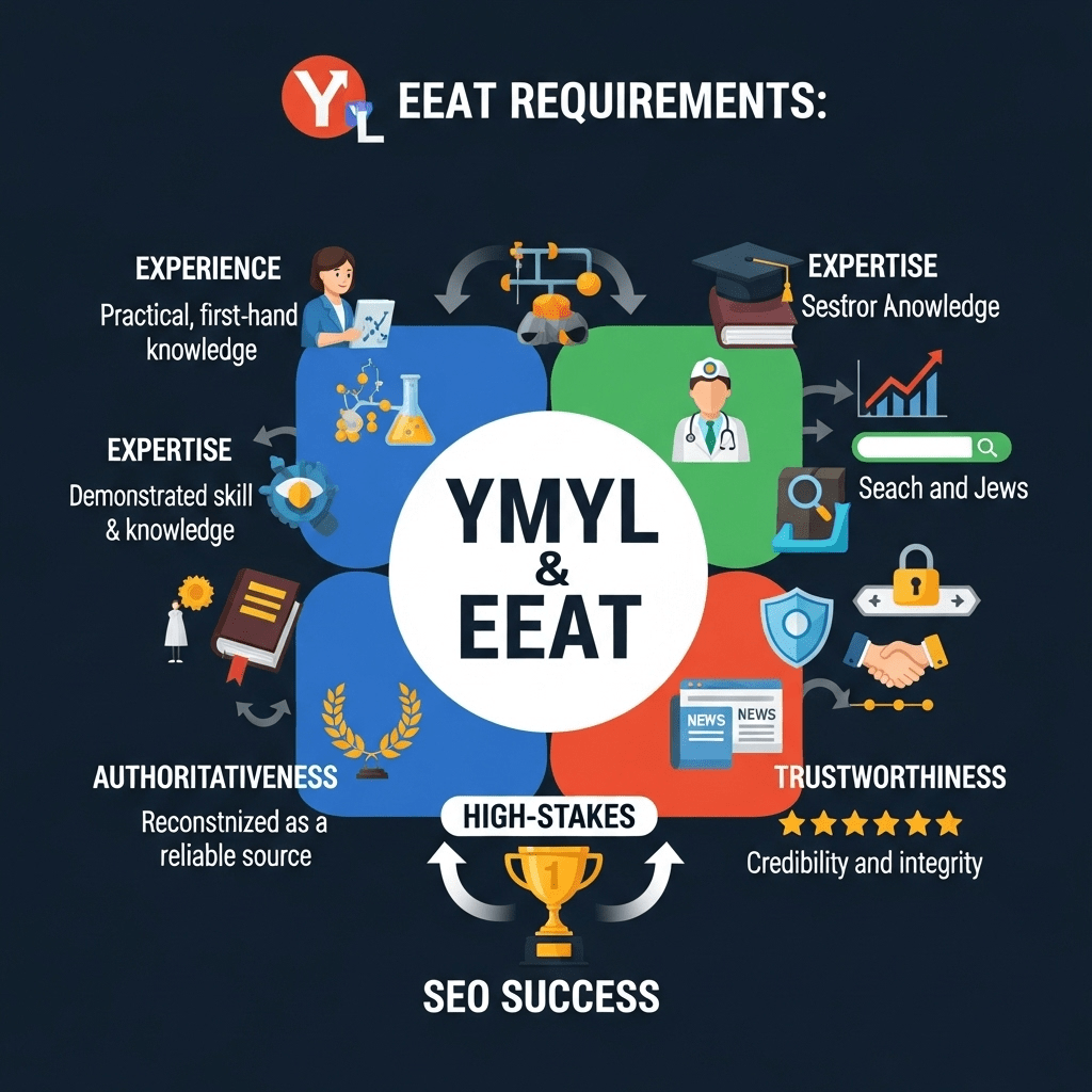 YMYL content categories including health, finance, and safety with EEAT requirements checklist