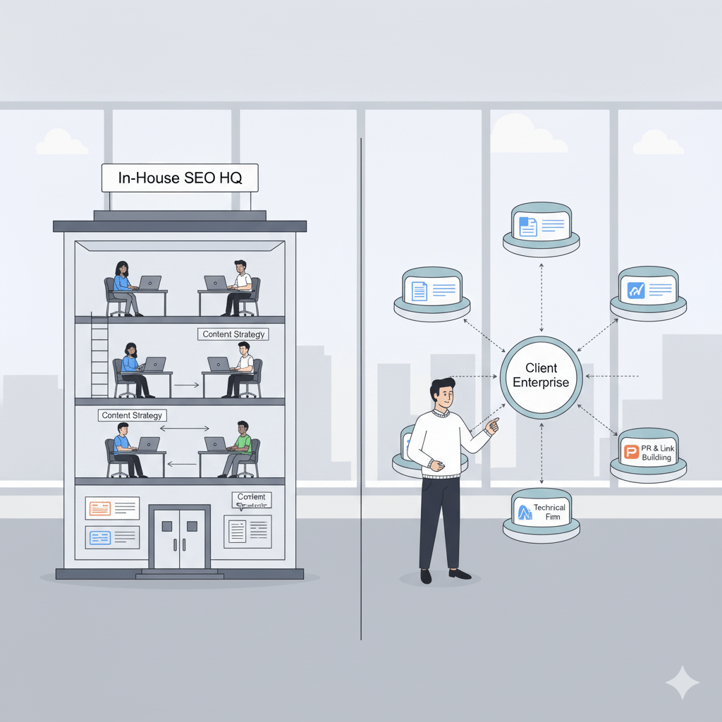 make an illustration on this idea: Enterprise SEO Team Structure: Building In-House Teams vs Agencies