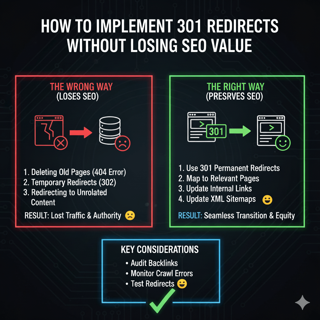 make an image on this idea: How to Implement 301 Redirects Without Losing SEO Value