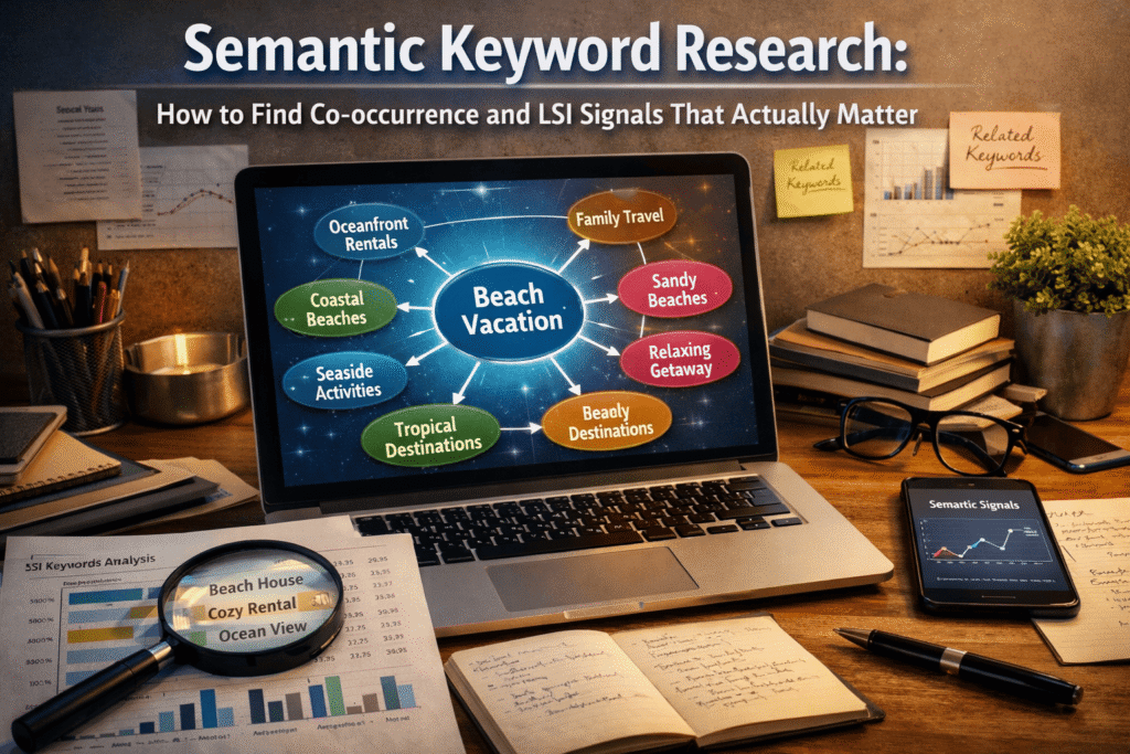 Semantic keyword research process diagram showing co-occurrence mapping from seed keyword to related concept clusters