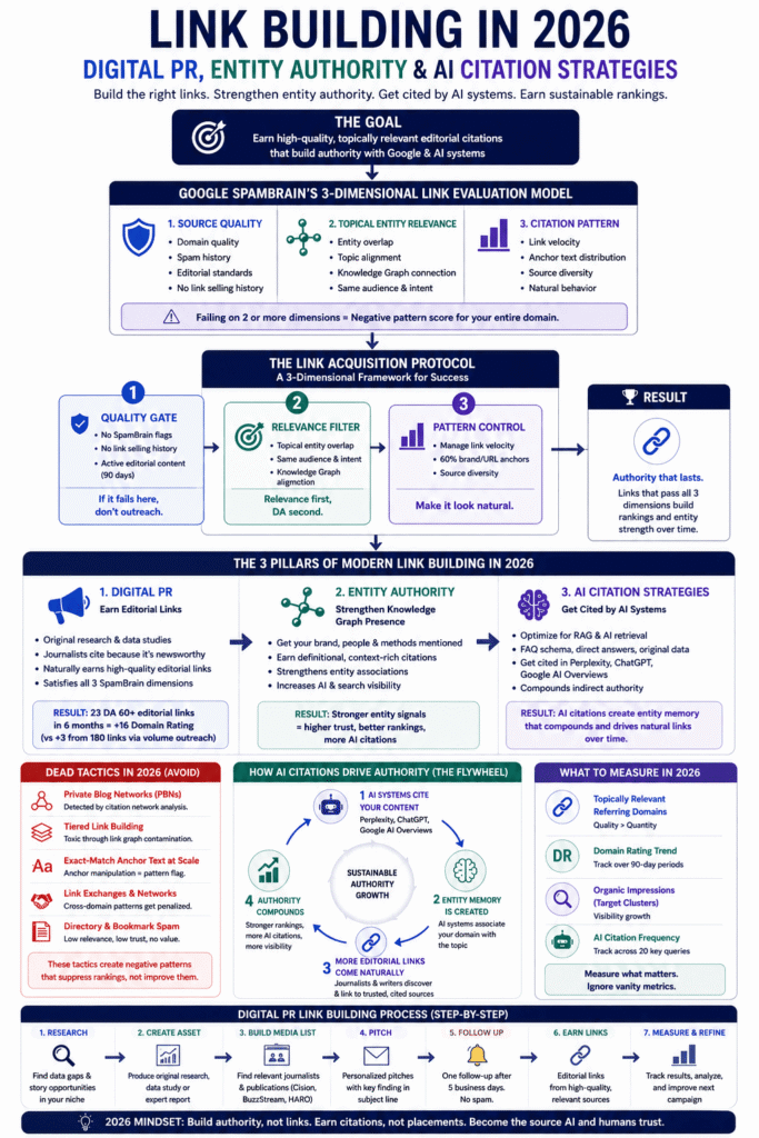Flowchart of a digital PR link building campaign from original research creation through journalist outreach to link acquisition and AI citation tracking