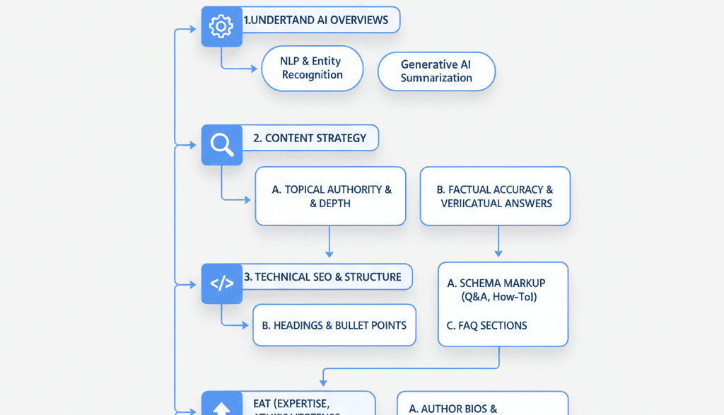 Flowchart showing the content optimization process for earning inclusion in Google AI Overview responses