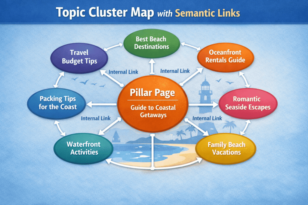 Topic cluster map showing pillar page connected to cluster posts by semantic relevance with internal link paths marked