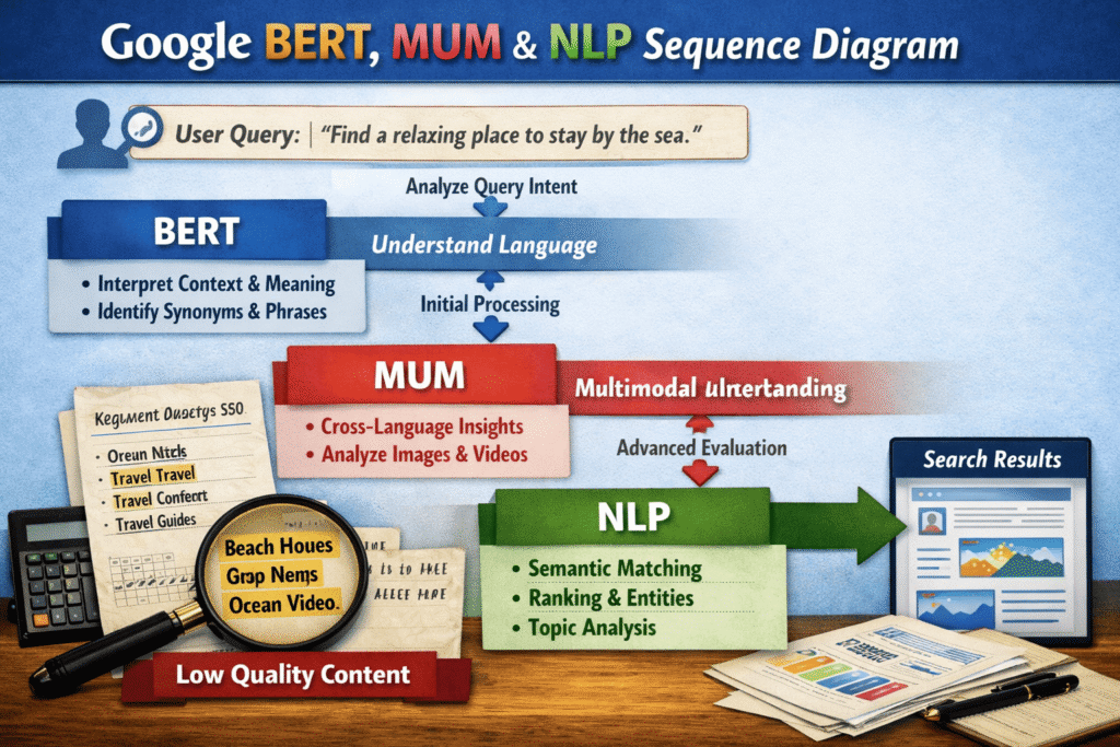 Diagram showing how Google BERT, MUM, and NLP work in sequence to evaluate query intent and content relevance signals