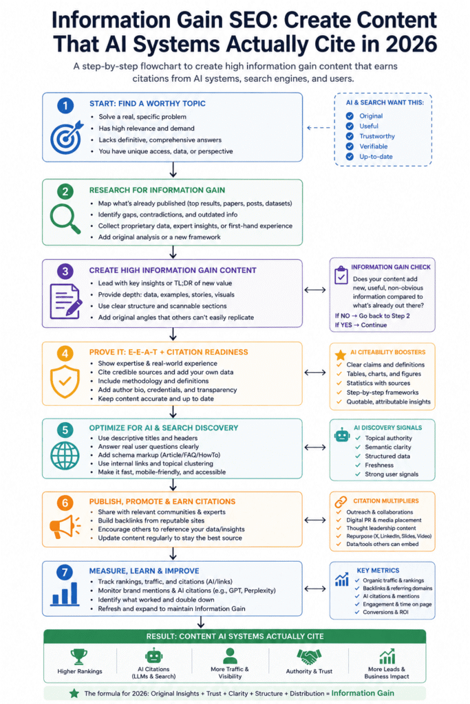 Information gain SEO flowchart for 2026