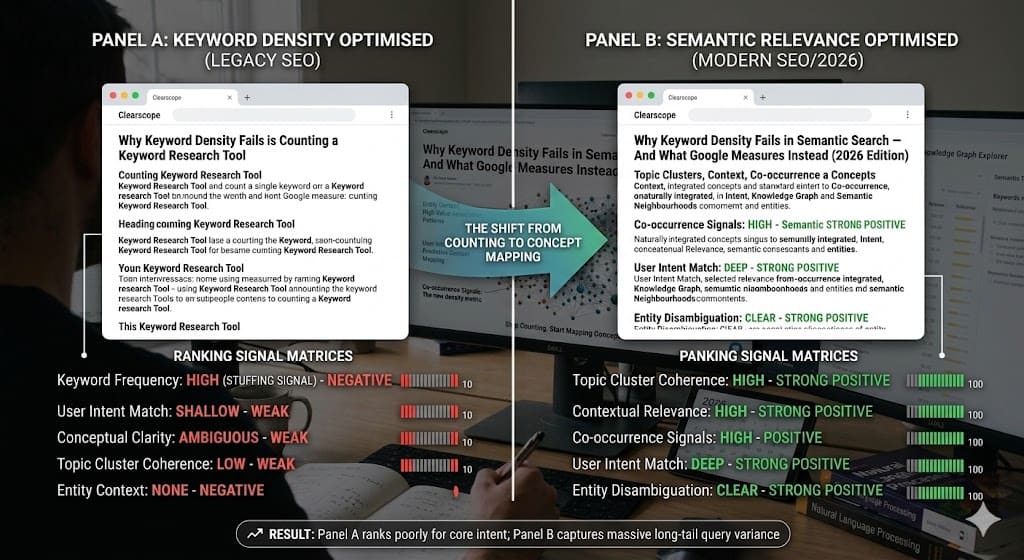 Side by side comparison showing keyword density optimised content versus semantic relevance
