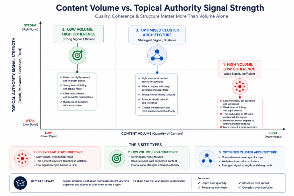 Content volume vs. topical authority strength