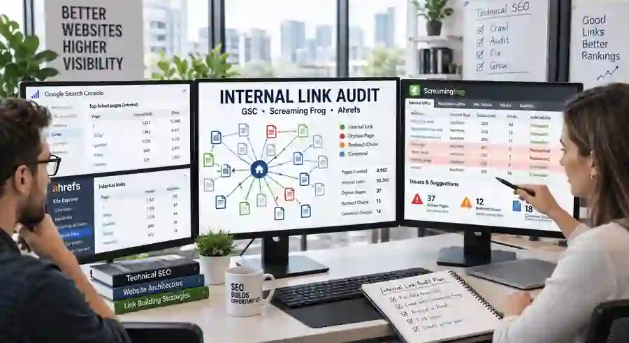 Internal link audit workspace with Google Search Console, Screaming Frog and Ahrefs